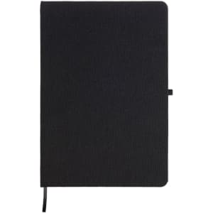 A black A5 notebook made from recycled materials, featuring a soft cover and a ribbon bookmark.