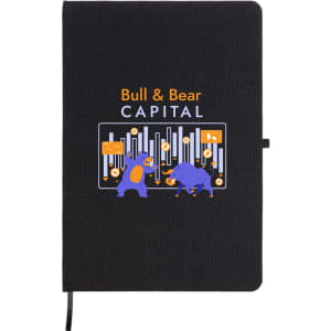 A black A5 notebook featuring a graphic of a bear and a bull with a logo. It has an elastic band closure.