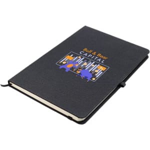 A black A5 notebook with a textured cover and an illustrated design featuring graphic elements, including a logo.
