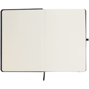 An open Venture RPET A5 Notebook featuring blank, cream-colored pages and a black cover.