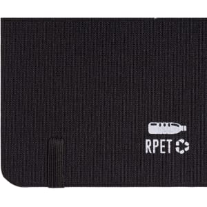 A black A5 notebook made from RPET material, featuring a logo and an elastic band closure.