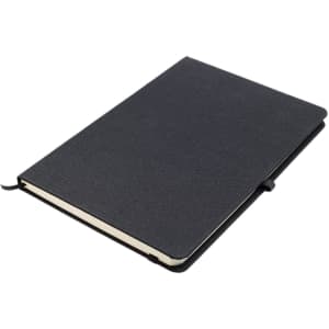 A black A5 notebook with a textured cover, featuring an elastic closure and an interior with blank pages.