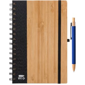A bamboo-textured notebook with a black spine and a blue pen resting beside it, featuring a logo.
