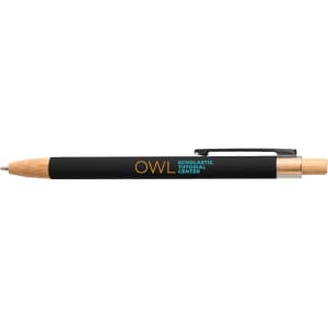 A black pen with a wooden tip and clip, featuring a logo.