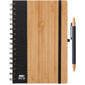 A bamboo and black notebook with a spiral binding, accompanied by a matching pen. The set features a logo.