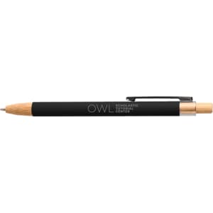 A black pen with a wooden accent and a clip, featuring a logo on the barrel.