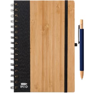 A bamboo notebook with a dark cover and spiral binding, accompanied by a blue pen. Includes a branded logo.