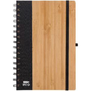 A bamboo notebook with a black textured cover and a black elastic band. Features a spiral binding and a logo.