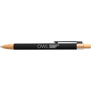 A black and gold pen featuring a wooden accent and a branding logo.