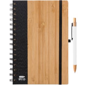 A notebook with a bamboo cover, black spine, and a white pen attached. The set features a logo.