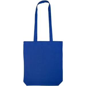 A blue long handle cotton bag is displayed, featuring a simple and spacious design suitable for various uses.