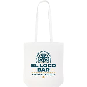 A white long-handled cotton bag with a logo featuring palm trees and text in blue and yellow.