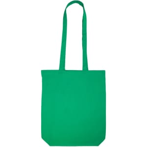 A green cotton long handle bag is presented. The bag features sturdy handles and a simple, solid color design.
