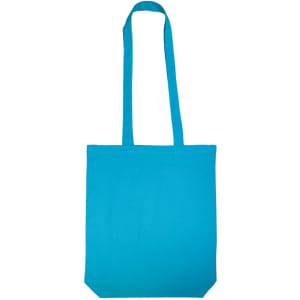 A bright turquoise colored cotton long handle bag with sturdy shoulder straps.