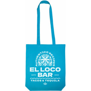 A bright blue cotton tote bag featuring a logo and graphic design associated with a bar.