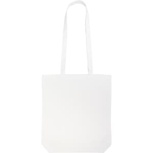 A white cotton long handle bag with two sturdy straps. It features a plain design and has a logo on it.