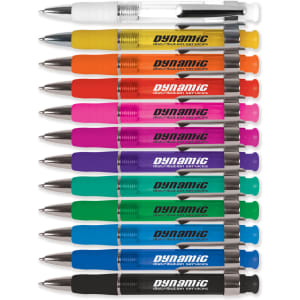 A collection of Chrystalis pens in various colours, featuring a logo, arranged in a line.