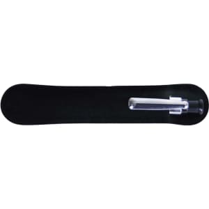 A black and silver plastic pen displayed in a sleek black case. The pen features a simple design.