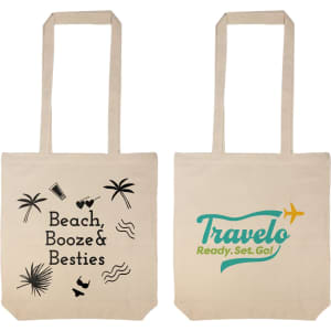 A cream tote bag featuring a logo on one side and decorative beach-themed graphics on the other.