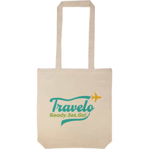 A tote bag in a natural color featuring a logo with green and blue text and an airplane graphic.