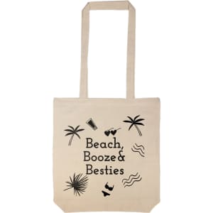 A beige tote bag with a long handle featuring palm trees and playful icons, showcasing a logo.