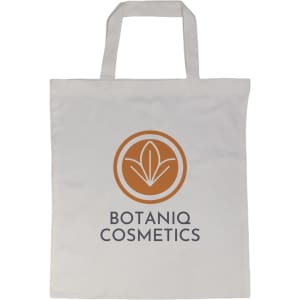 A beige tote bag with short handles and a logo in the center.