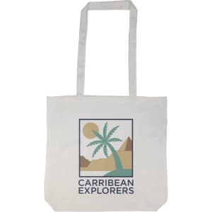 A light-colored tote bag with a graphic design featuring palm trees and mountains, including a logo.