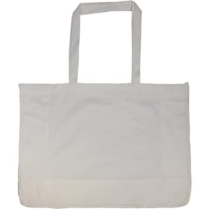A large, cream-coloured reusable grocery bag with two handles and a plain design. It has a branding logo.