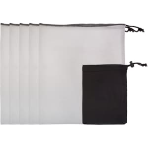 A set of five white drawstring produce bags, neatly folded into a small black pouch.