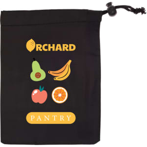 A drawstring bag in black, featuring colorful fruit graphics and the text "ORCHARD PANTRY."