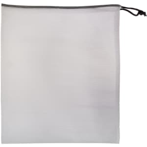 A drawstring bag made of white mesh fabric with a grey drawstring closure.