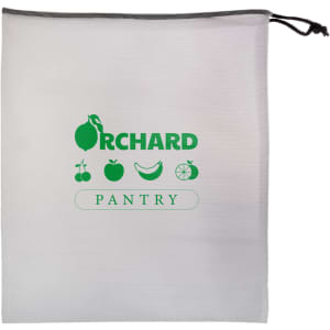 A drawstring pouch bag featuring a minimalist design with the text "Orchard Pantry" and illustrations of fruits.