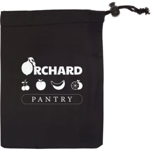 A black drawstring pouch containing harvest produce bags, featuring a logo and various fruit illustrations.