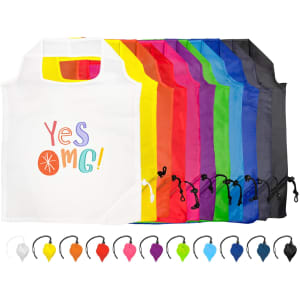 A collection of colourful reusable shopping bags in various shades, featuring one bag with a logo.