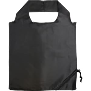A black reusable grocery bag featuring a foldable design with a convenient drawstring closure.