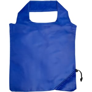 A blue reusable shopping bag with a simple handle design and a drawstring closure. It has a logo.