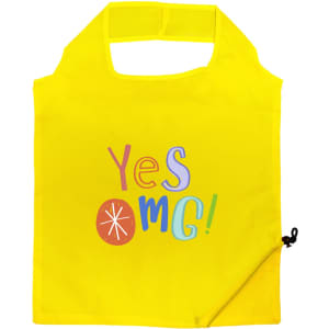 A bright yellow reusable shopping bag with a graphic design and a zippered pouch for storage.