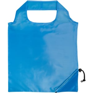 A blue reusable grocery bag with a handle and a foldable design, featuring a drawstring closure.