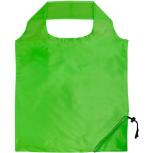 A green folding shopping bag with a handle and a drawstring closure, featuring a logo.