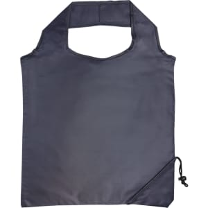 A dark blue reusable grocery bag with a simple design and a drawstring closure, featuring a logo.