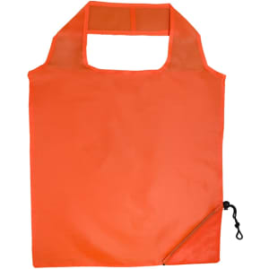 An orange reusable shopping bag with a simple design and a drawstring closure. Features a logo on the side.