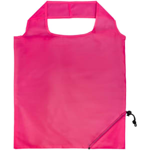 A pink reusable shopping bag with a simple design, featuring a logo and a drawstring closure.