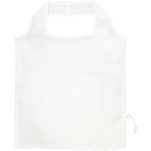 A foldable, white reusable grocery bag with a simple design and a drawstring closure on one side.