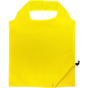 A bright yellow reusable grocery bag with a foldable design and a side zipper.