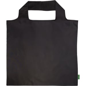 A reusable grocery bag made from recycled PET, featuring a sleek black design with an open top and two handles.
