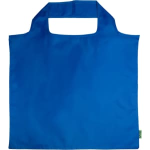 A blue reusable grocery bag made from recycled PET material with a simple design and handles for easy carrying.