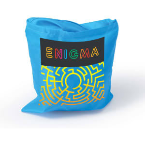 A reusable grocery bag in bright blue featuring a colorful logo and maze design.
