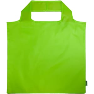 A bright green reusable grocery bag with a distinctive handle design and a logo.