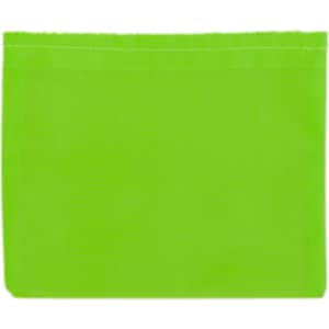 A bright green reusable grocery bag made from recycled PET material, featuring a simple design and a logo.