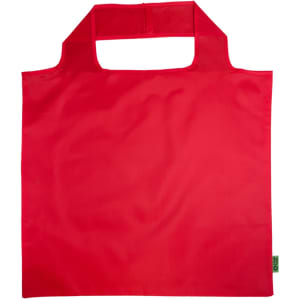 A red reusable grocery bag with a rounded handle and a small logo. The bag is made from recycled PET material.